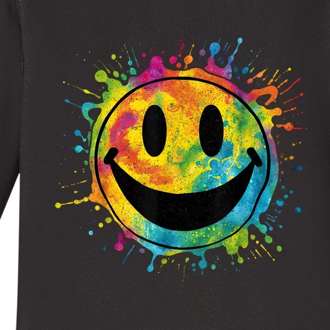 Retro Happy Face Rainbow Tiedye Splatter – 70s Peace Smile Baby Long Sleeve Bodysuit