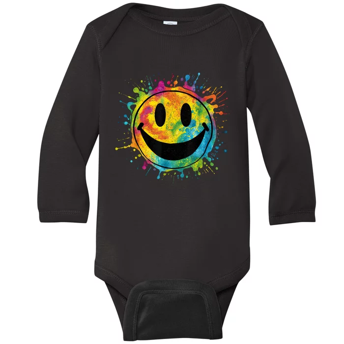 Retro Happy Face Rainbow Tiedye Splatter – 70s Peace Smile Baby Long Sleeve Bodysuit