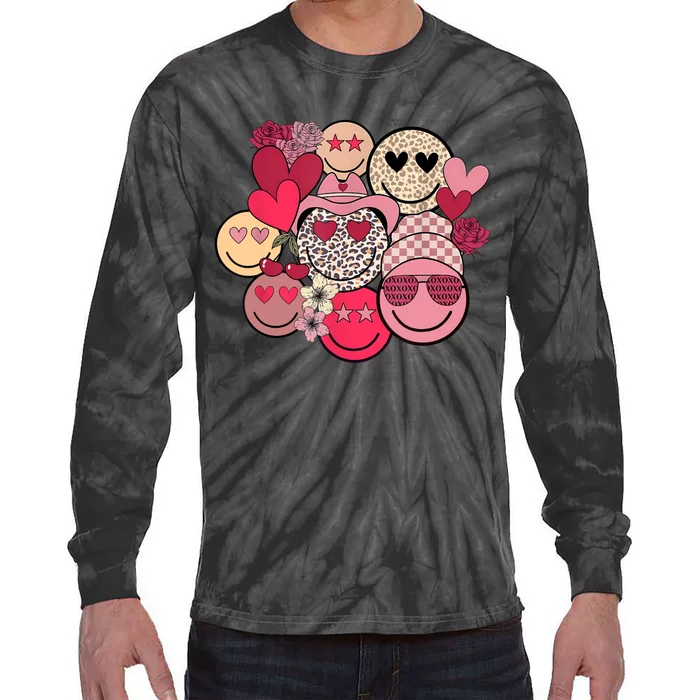 Retro Happy Face Smile Trendy Hippe Heart Valentine's Day Tie-Dye Long Sleeve Shirt