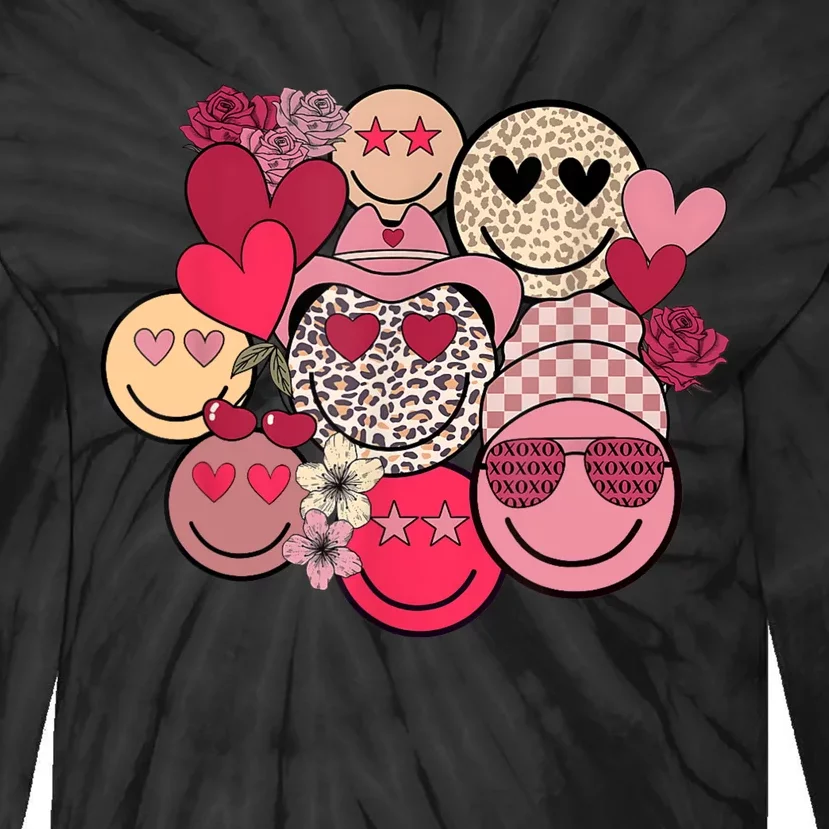 Retro Happy Face Smile Trendy Hippe Heart Valentine's Day Tie-Dye Long Sleeve Shirt