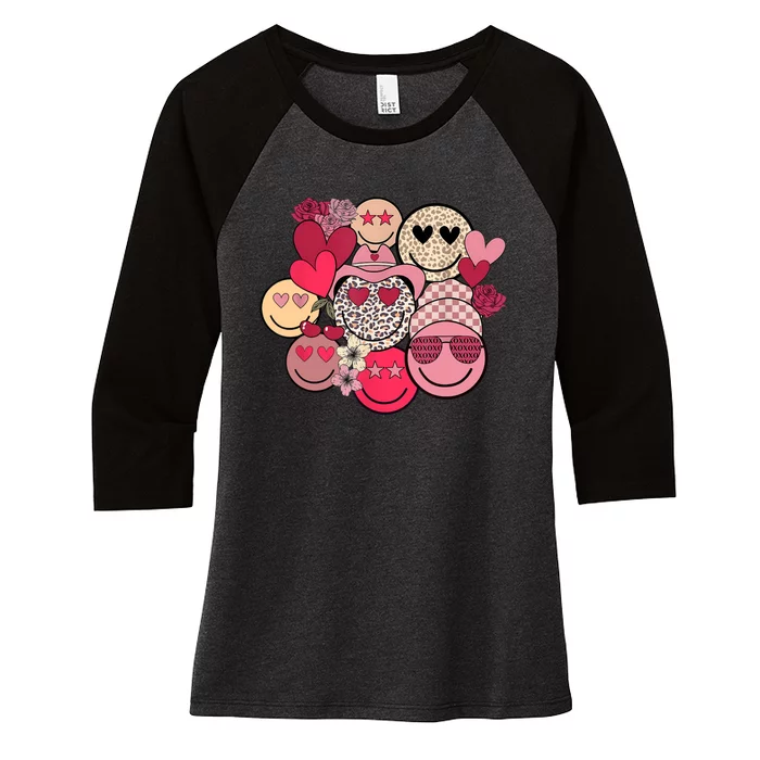 Retro Happy Face Smile Trendy Hippe Heart Valentine's Day Women's Tri-Blend 3/4-Sleeve Raglan Shirt