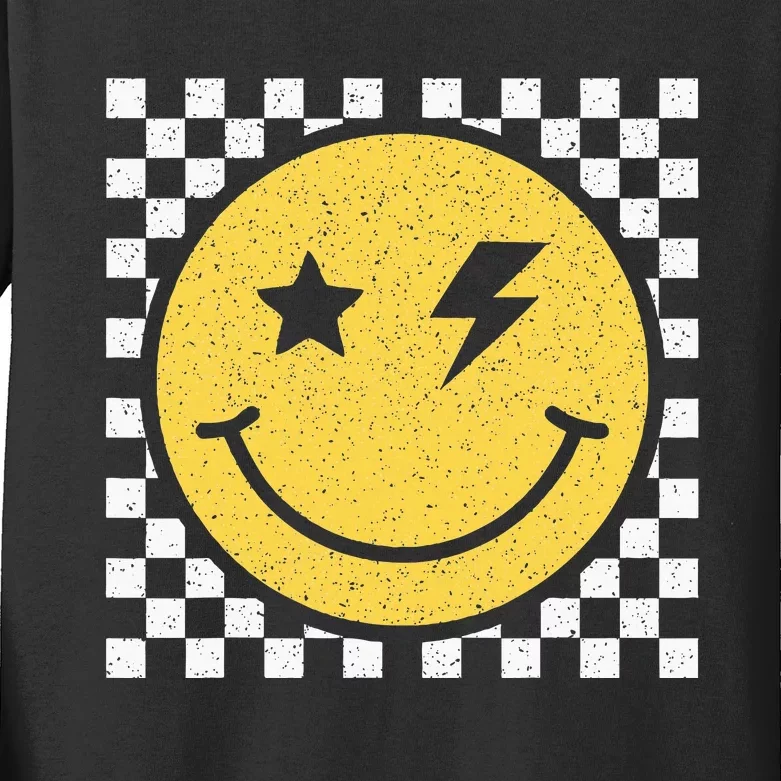 Retro Happy Face Checkered Pattern Smile Face Trendy Smiling Kids Long Sleeve Shirt