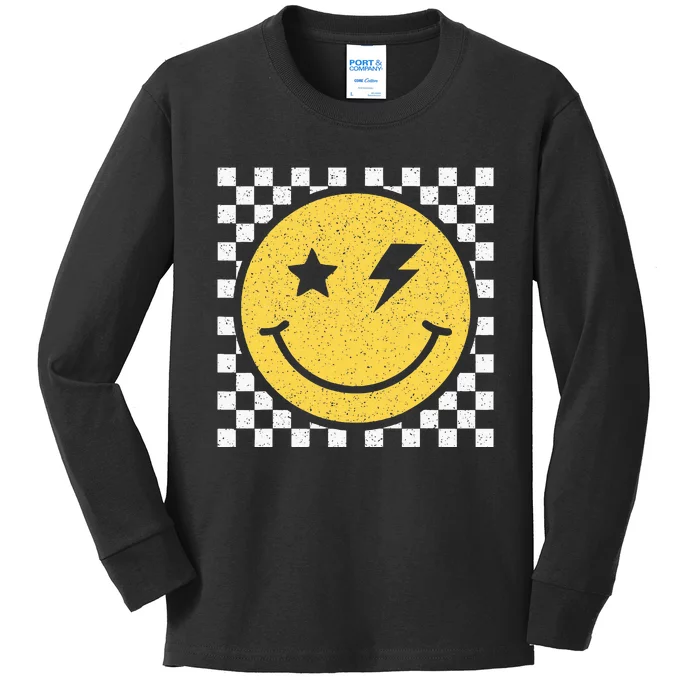 Retro Happy Face Checkered Pattern Smile Face Trendy Smiling Kids Long Sleeve Shirt