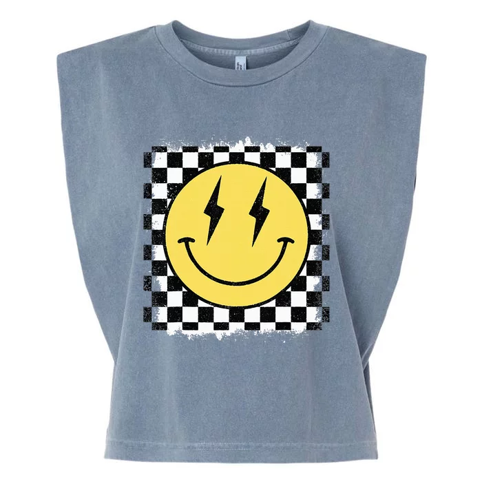 Retro Happy Face Checkered Pattern Smile Face Trendy Garment-Dyed Women's Muscle Tee