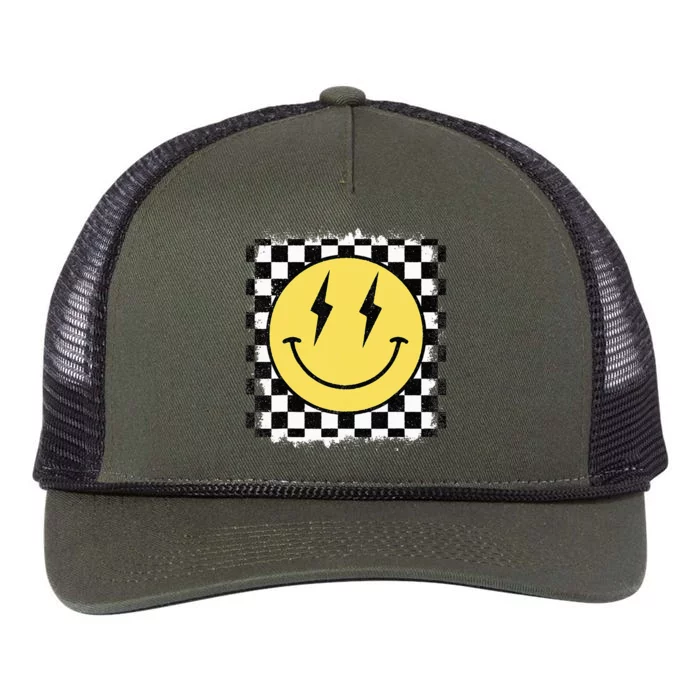 Retro Happy Face Checkered Pattern Smile Face Trendy Retro Rope Trucker Hat Cap