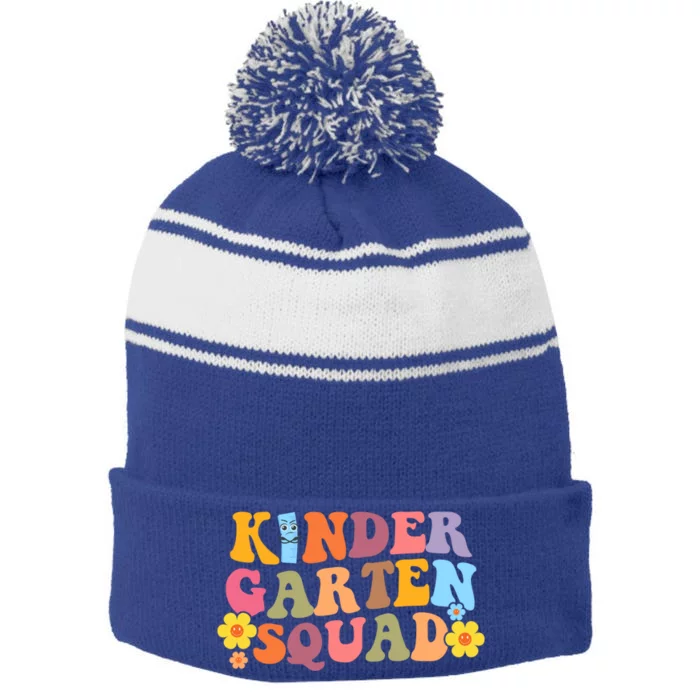 Retro Hippie Groovy Kindergarten Squad Funny Gift Stripe Pom Pom Beanie