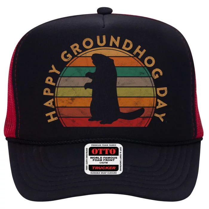 Retro Happy Groundhog Day Sunset Gift Ground Hog Silhouette Great Gift High Crown Mesh Trucker Hat