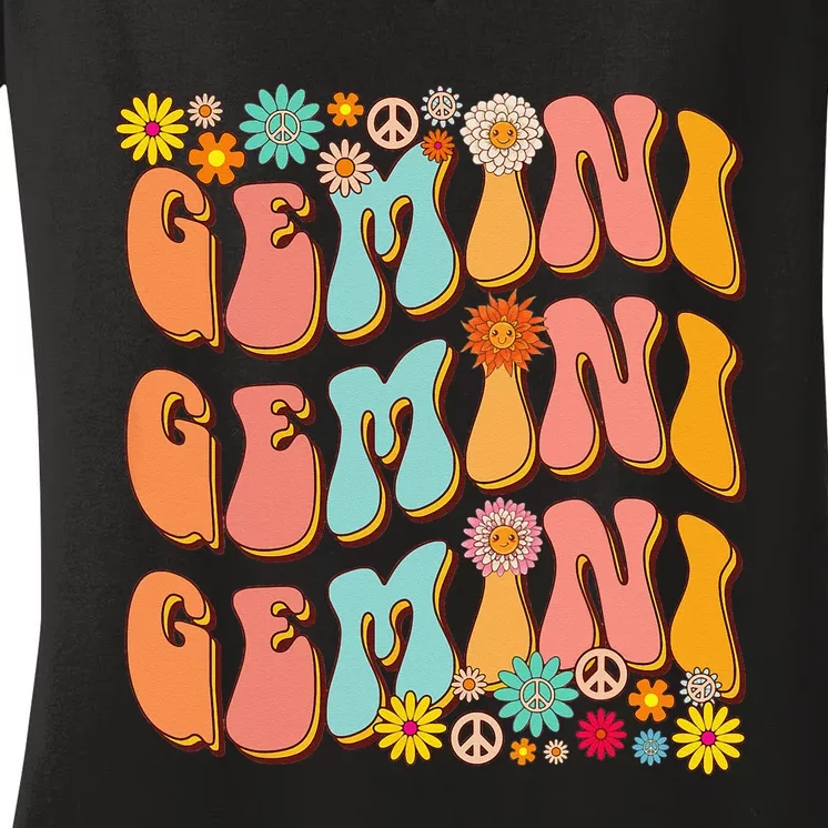 Retro Hippie Gemini Birthday Funny Gemini Zodiac Birthday Women's V-Neck T-Shirt