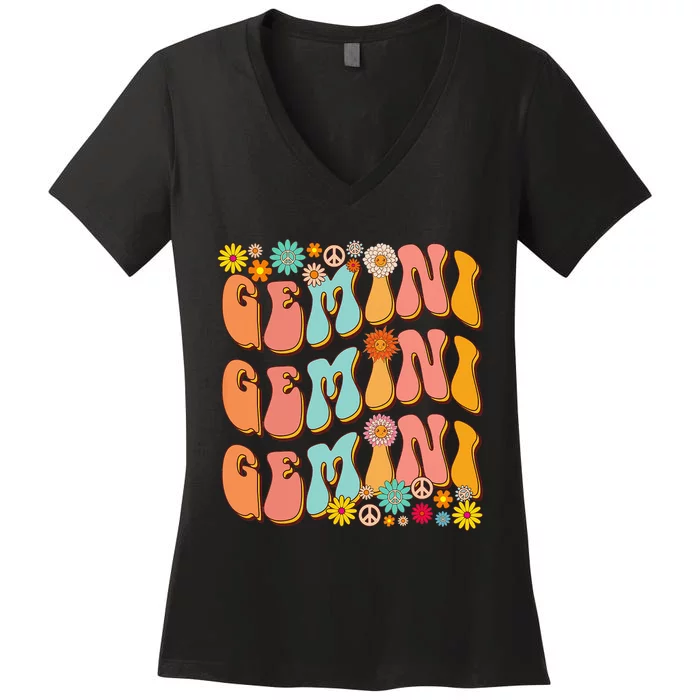 Retro Hippie Gemini Birthday Funny Gemini Zodiac Birthday Women's V-Neck T-Shirt