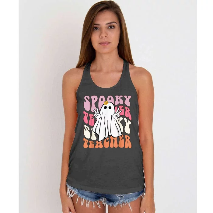 Retro Hippie Ghost Halloween Spooky Teacher Trick Or Teach Women's Knotted Racerback Tank