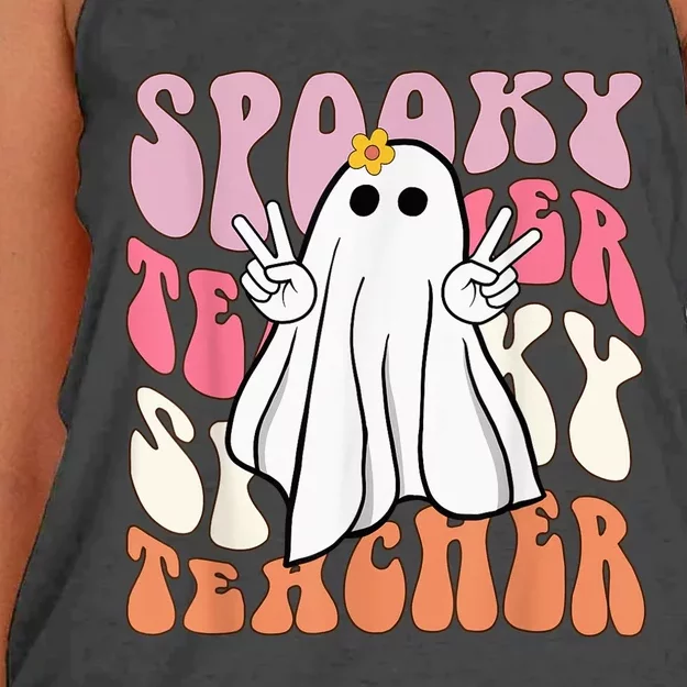 Retro Hippie Ghost Halloween Spooky Teacher Trick Or Teach Women's Knotted Racerback Tank