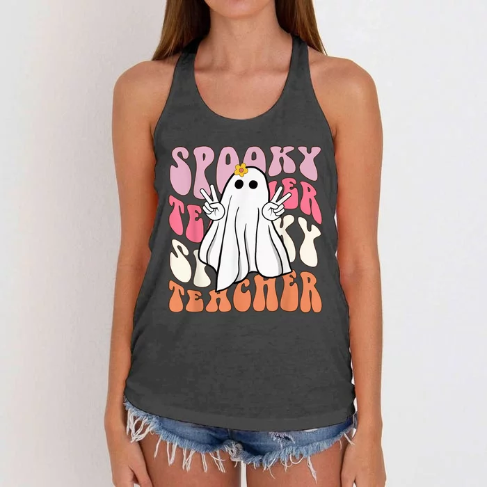 Retro Hippie Ghost Halloween Spooky Teacher Trick Or Teach Women's Knotted Racerback Tank