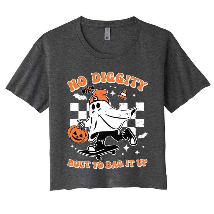 Retro Halloween Ghost No Diggity Bout To Bag It Up Women's Crop Top Tee