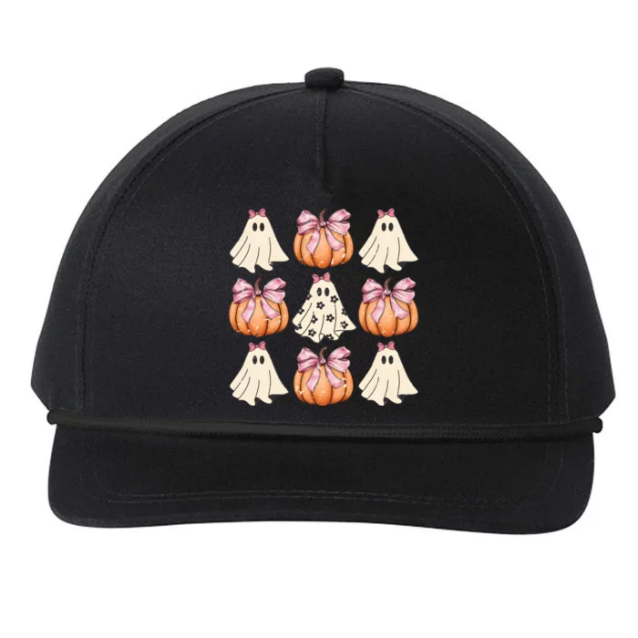 Retro Halloween Ghost Pumpkin Coquette Bow Snapback Five-Panel Rope Hat