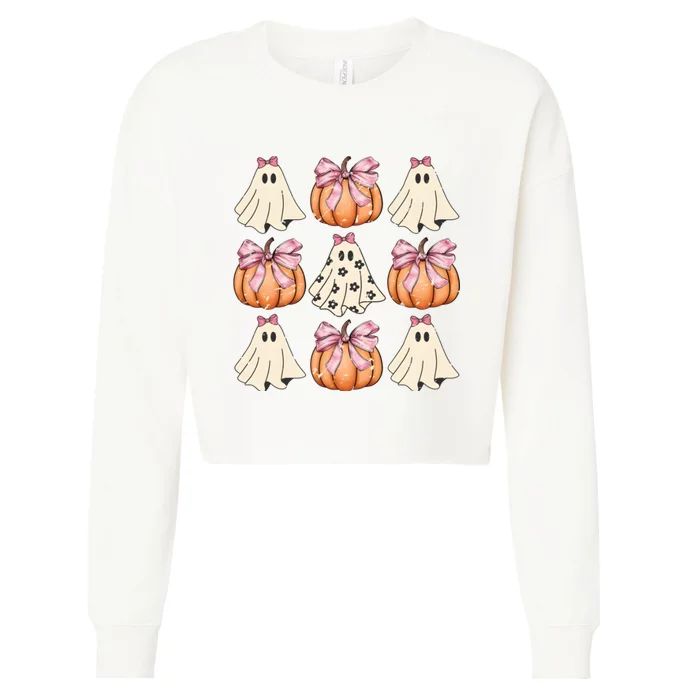 Retro Halloween Ghost Pumpkin Coquette Bow Cropped Pullover Crew