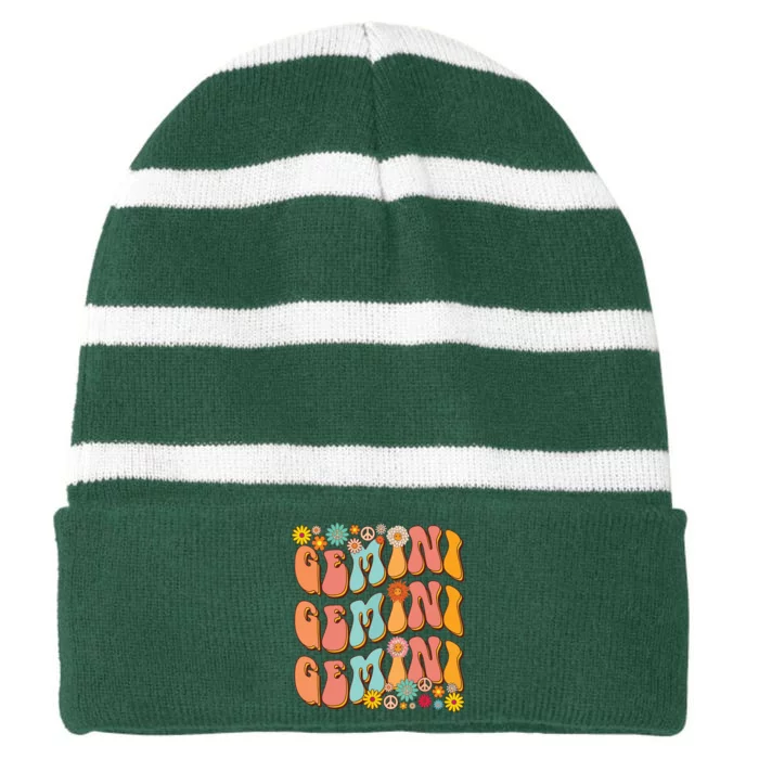 Retro Hippie Gemini Birthday Funny Gemini Zodiac Birthday Striped Beanie with Solid Band