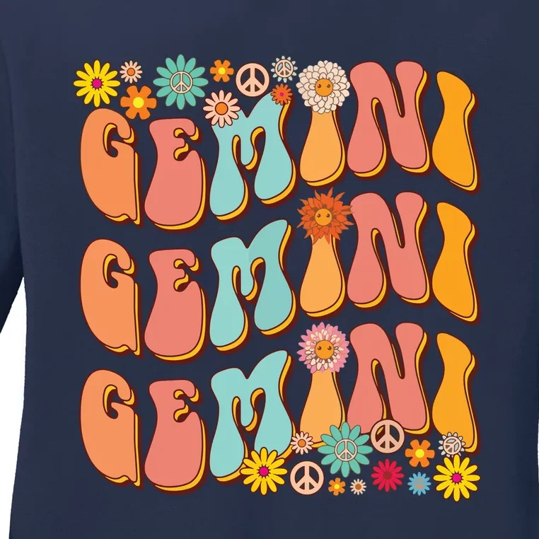 Retro Hippie Gemini Birthday Funny Gemini Zodiac Birthday Ladies Long Sleeve Shirt