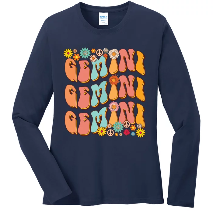 Retro Hippie Gemini Birthday Funny Gemini Zodiac Birthday Ladies Long Sleeve Shirt