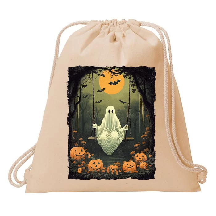 Retro Halloween Ghost Pumpkin Floral Vintage Boo Drawstring Bag