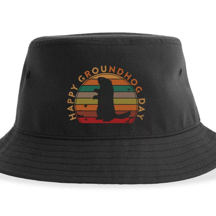 Retro Happy Groundhog Day Sunset Gift Ground Hog Silhouette Sustainable Bucket Hat