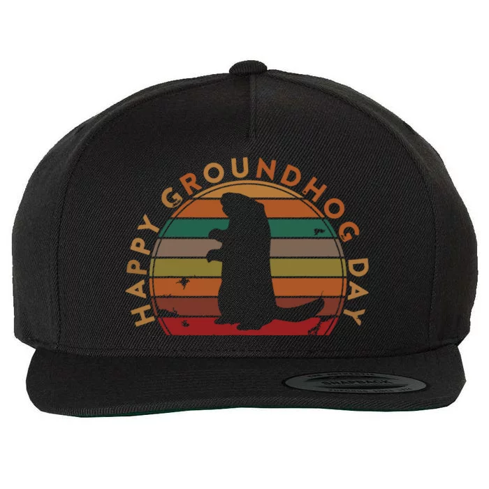 Retro Happy Groundhog Day Sunset Gift Ground Hog Silhouette Wool Snapback Cap