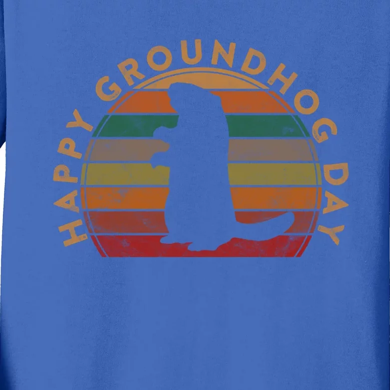 Retro Happy Groundhog Day Sunset Gift Ground Hog Silhouette Gift Kids Long Sleeve Shirt