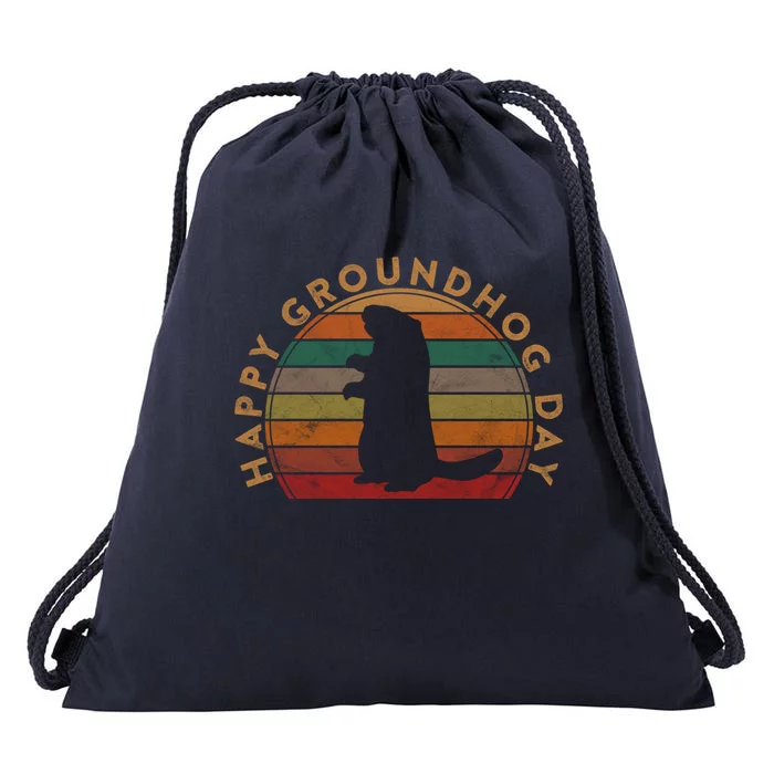 Retro Happy Groundhog Day Sunset Gift Ground Hog Silhouette Gift Drawstring Bag