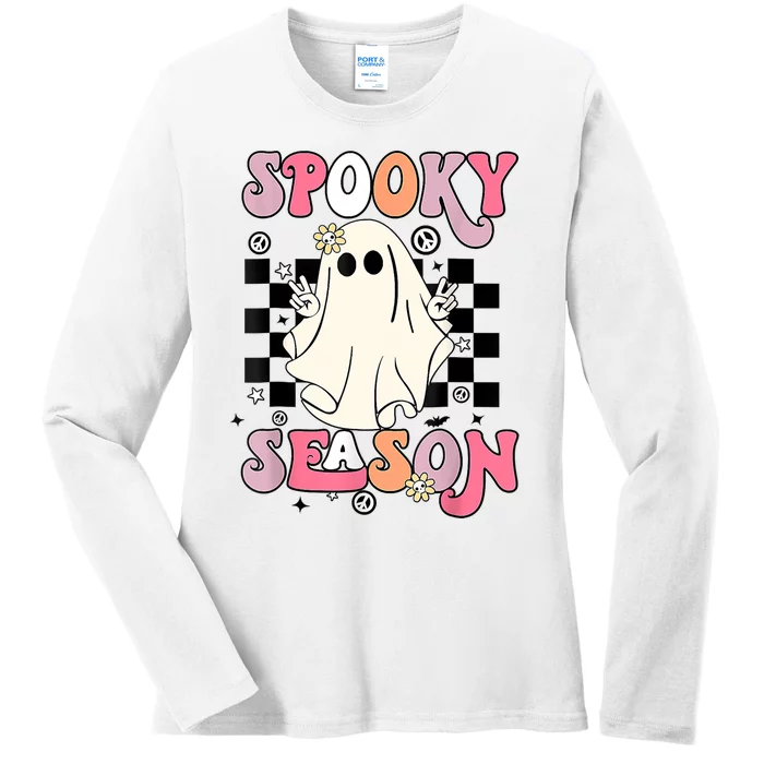 Retro Hippie Halloween Cute Ghost Spooky Season Funny Gifts Ladies Long Sleeve Shirt