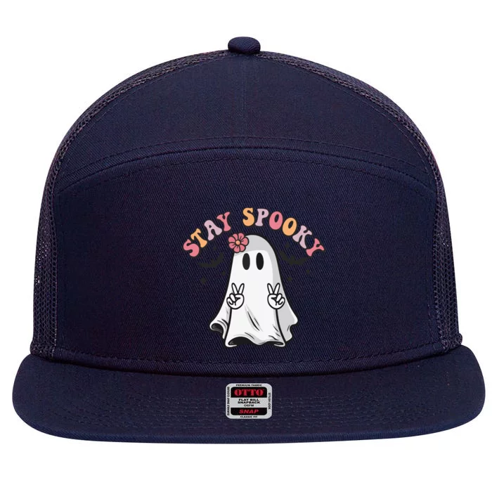 Retro Hippie Halloween Cute Ghost Stay Spooky Great Gift 7 Panel Mesh Trucker Snapback Hat