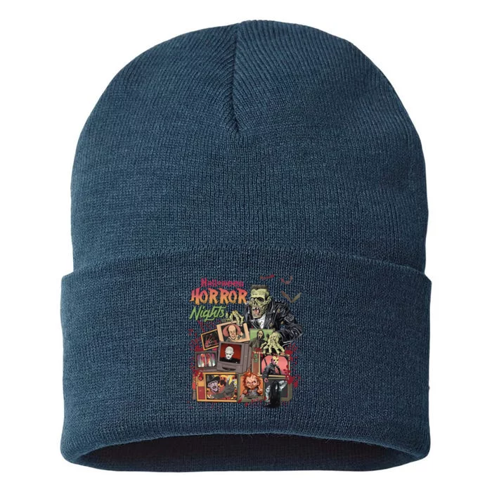 Retro Halloween Horror Night All Characters Sustainable Knit Beanie