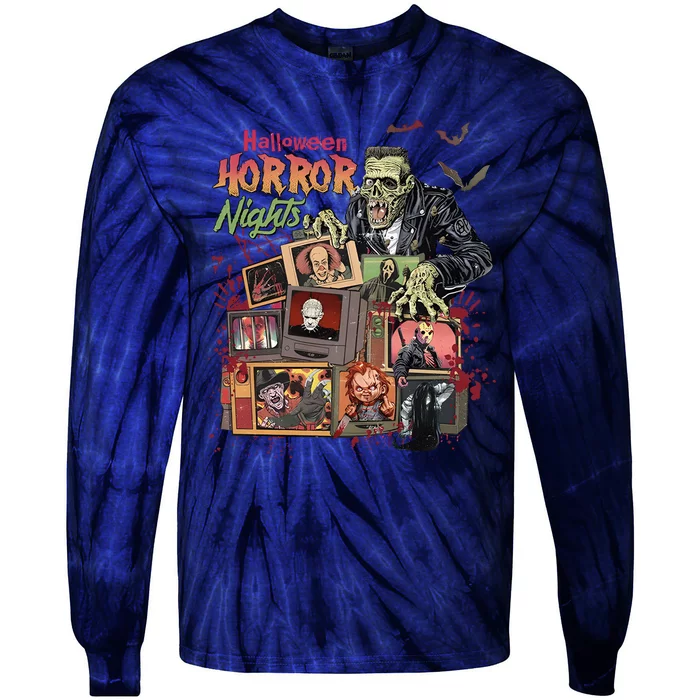 Retro Halloween Horror Night All Characters Tie-Dye Long Sleeve Shirt