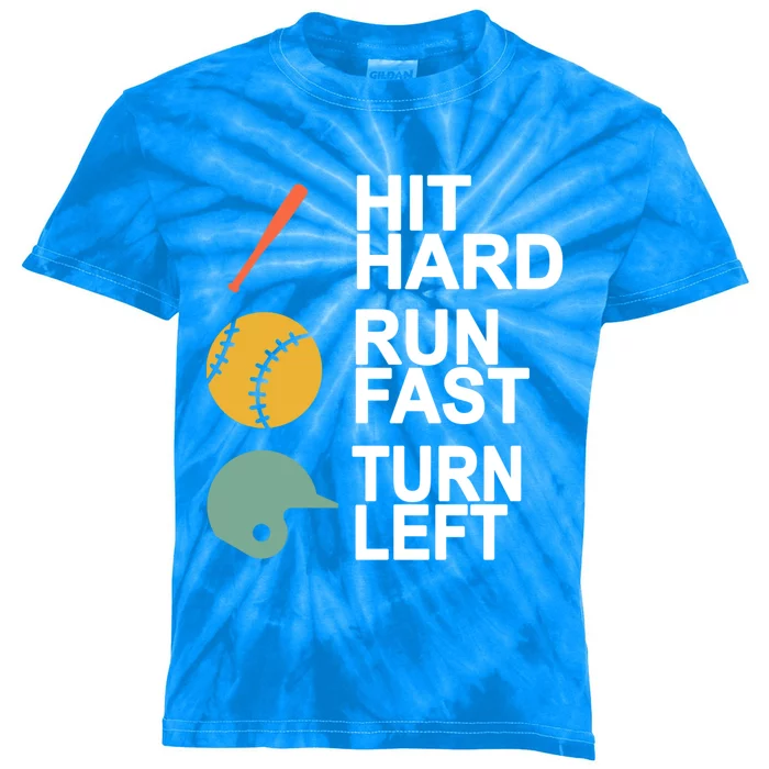 Retro Hit Hard Run Fast Turn Left Baseball Funny Sport Cool Gift Kids Tie-Dye T-Shirt