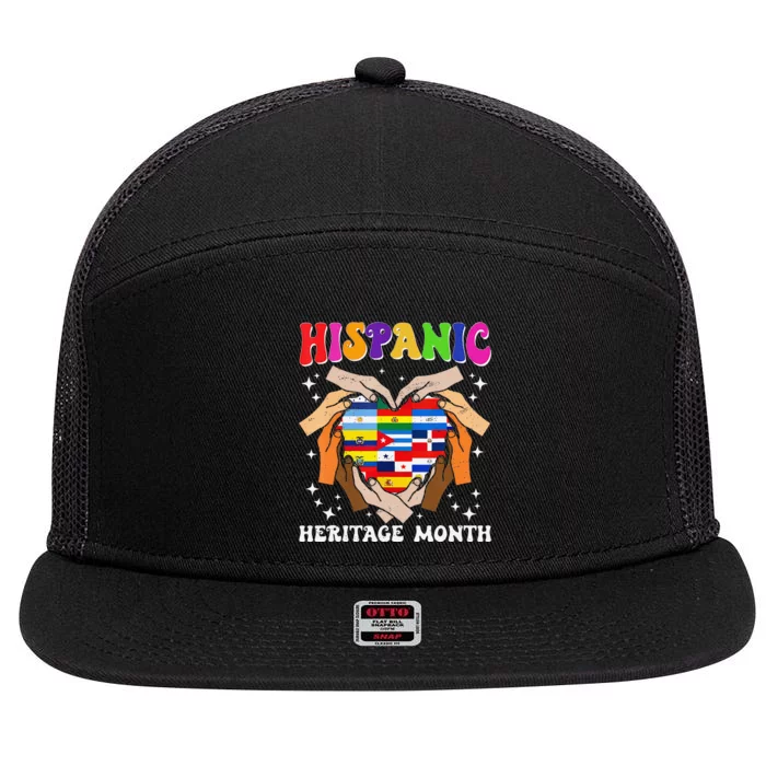 Retro Hispanic Heritage Month All Countries Heart Hand Gifts Gift 7 Panel Mesh Trucker Snapback Hat