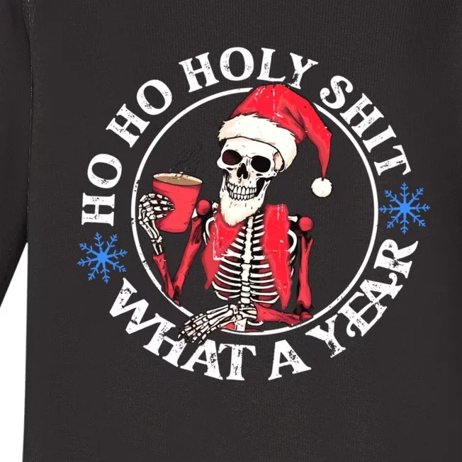 Retro Ho Ho Holy Shit What A Year Funny Skeleton Christmas Baby Long Sleeve Bodysuit