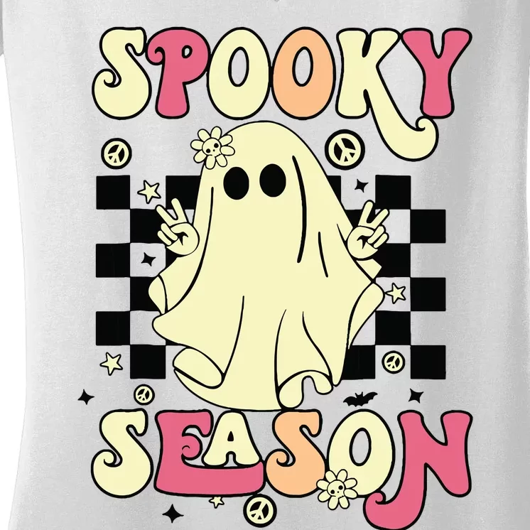 Retro Hippie Halloween Cute Ghost Spooky Season Funny Gifts Women's V-Neck T-Shirt