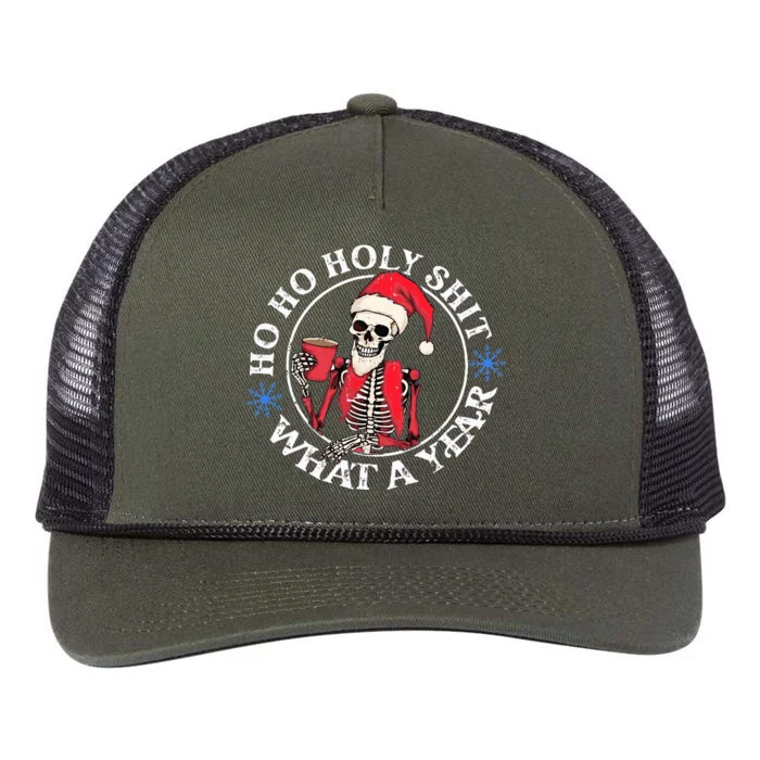 Retro Ho Ho Holy Shit What A Year Funny Skeleton Christmas Retro Rope Trucker Hat Cap