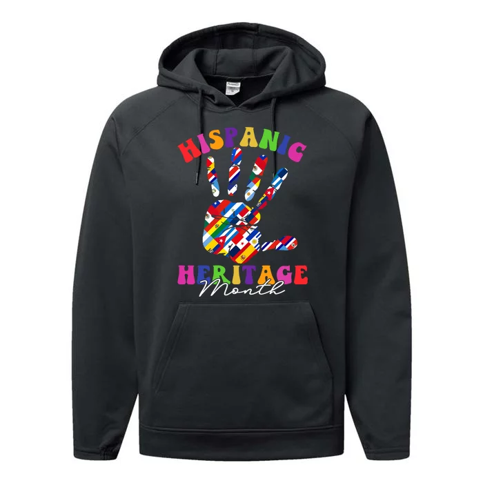 Retro Hispanic Heritage Month All Countries Heart Hands Performance Fleece Hoodie