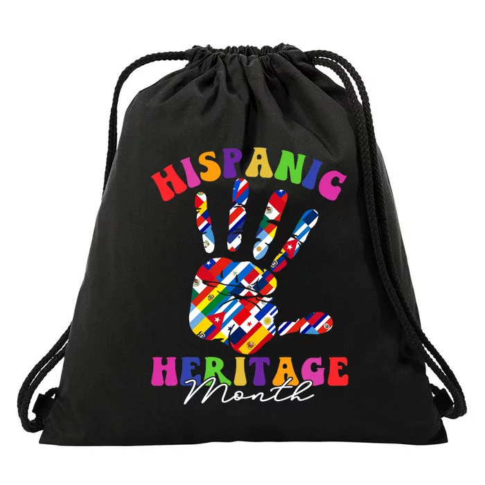 Retro Hispanic Heritage Month All Countries Heart Hands Drawstring Bag