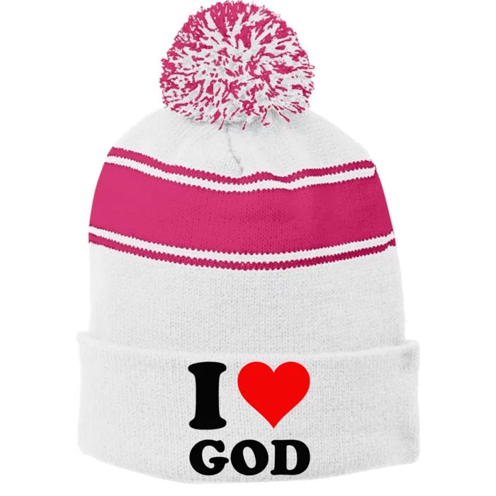 Red Heart I Love God Stripe Pom Pom Beanie