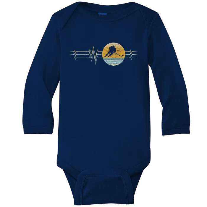 Retro Heartbeat Ice Hockey Sport Lifeline Vintage Gift Baby Long Sleeve Bodysuit