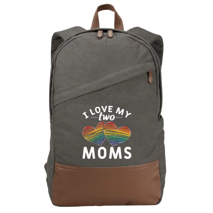 Rainbow Hearts Lesbian Pride Gift I Love My Two Moms LGBT Cotton Canvas Backpack