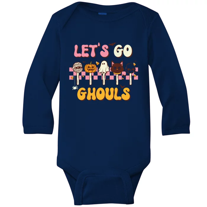 Retro Halloween Lets Go Ghouls Western Ghosts Disco Ball Gift Baby Long Sleeve Bodysuit