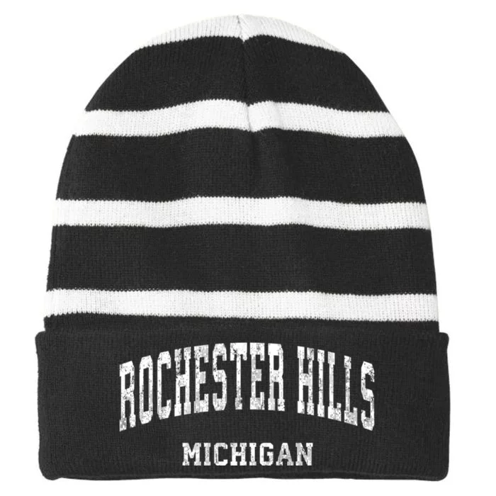 Rochester Hills Michigan Mi Vintage Varsity Sports Striped Beanie with Solid Band