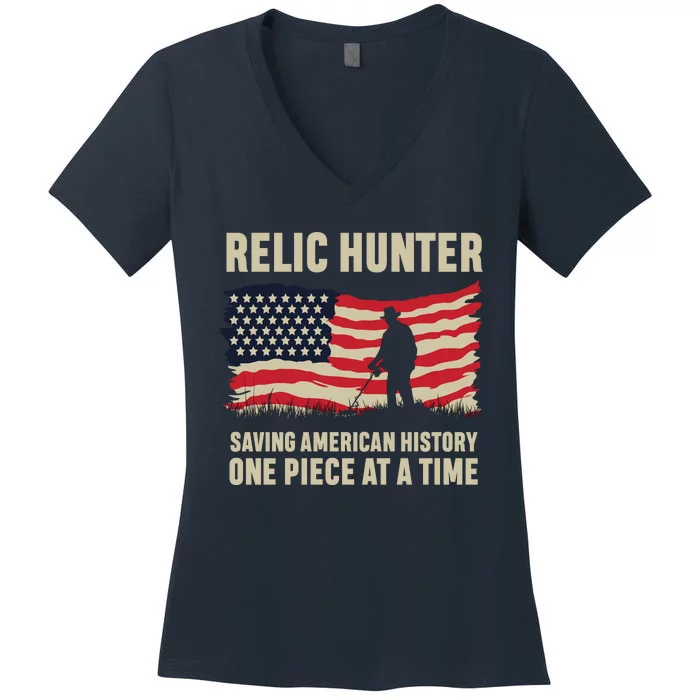 Relic Hunter Metal Detector Treasure Hunting US Flag Women's V-Neck T-Shirt