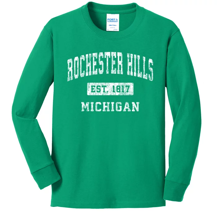 Rochester Hills Michigan Mi Vintage Established Sports Kids Long Sleeve Shirt