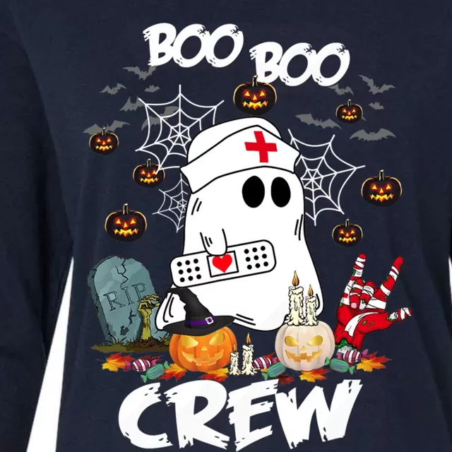 Retro Halloween Nursing RN Boo Boo Crew Ghost Nurse Womens Cotton Relaxed Long Sleeve T-Shirt