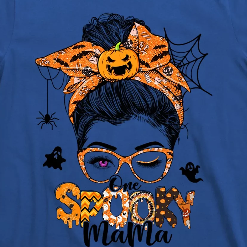 Retro Halloween One Spooky Mama Messy Bun Bandana Pumpkin Gift T-Shirt