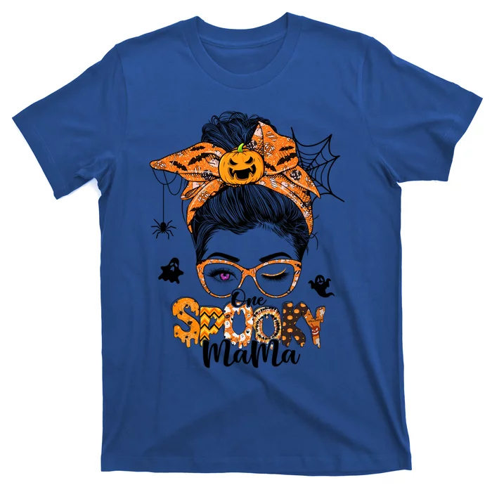 Retro Halloween One Spooky Mama Messy Bun Bandana Pumpkin Gift T-Shirt