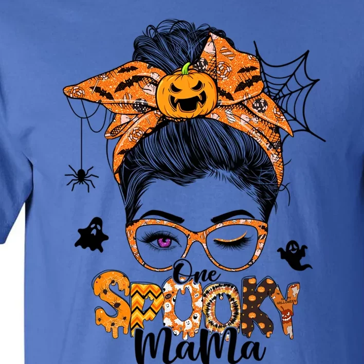 Retro Halloween One Spooky Mama Messy Bun Bandana Pumpkin Gift Tall T-Shirt