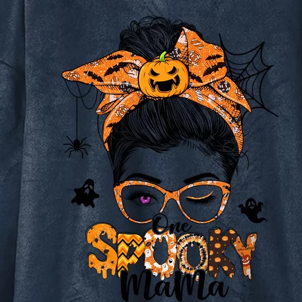 Retro Halloween One Spooky Mama Messy Bun Bandana Pumpkin Gift Hooded Wearable Blanket